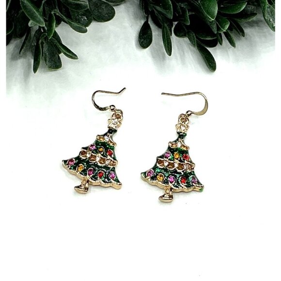 Christmas Tree Dangle Earrings With Multicolor Rhinestones - Picture 1 of 5